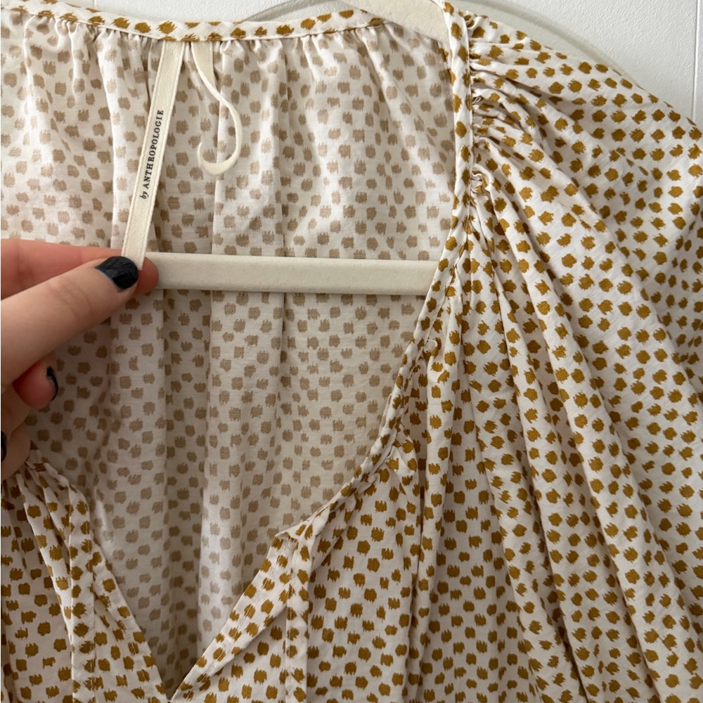 Anthropologie Cream and tan print Tiered Maxi Dress with Puff Sleeves - Picture 4 of 5